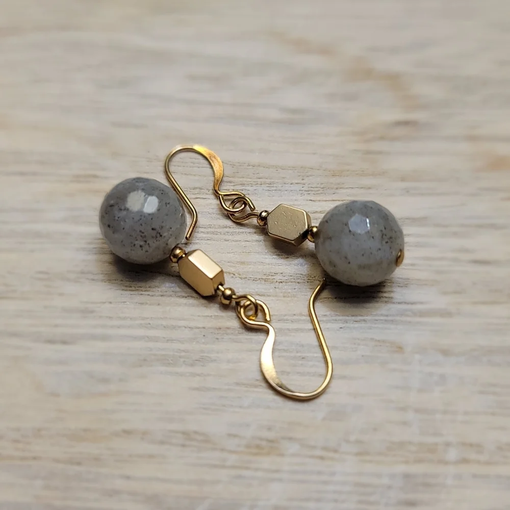 Handmade Labradorite Faceted Bead Dangle Earrings Gold Tone Hooks ~ 1.25